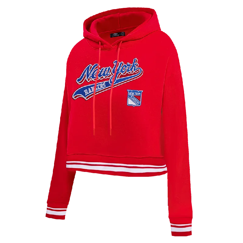 NHL NEW YORK RANGERS SCRIPT TAIL WOMEN'S RIB FLC CROPPED PO HOODIE (RED)