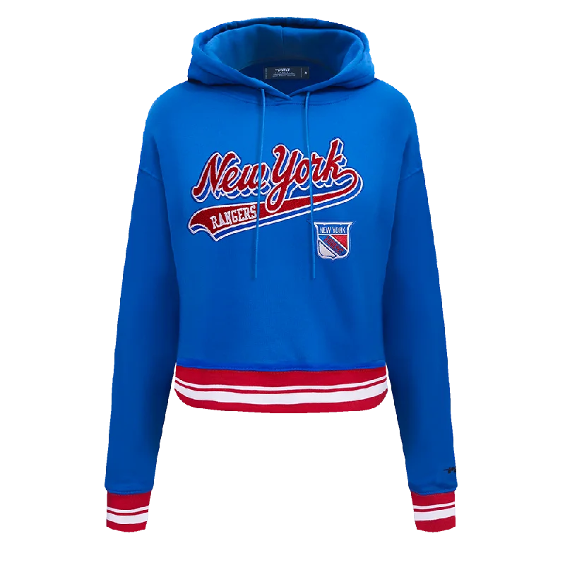 NHL NEW YORK RANGERS SCRIPT TAIL WOMEN'S RIB FLC CROPPED PO HOODIE (ROYAL BLUE/RED)