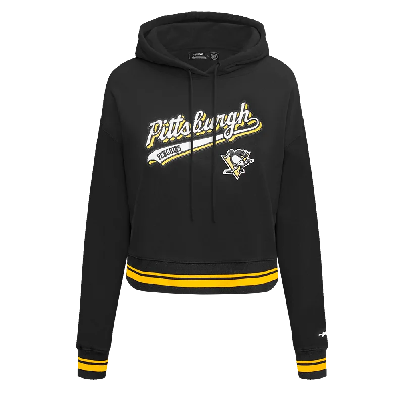 NHL PITTSBURGH PENGUINS SCRIPT TAIL WOMEN'S RIB FLC CROPPED PO HOODIE (BLACK/YELLOW)