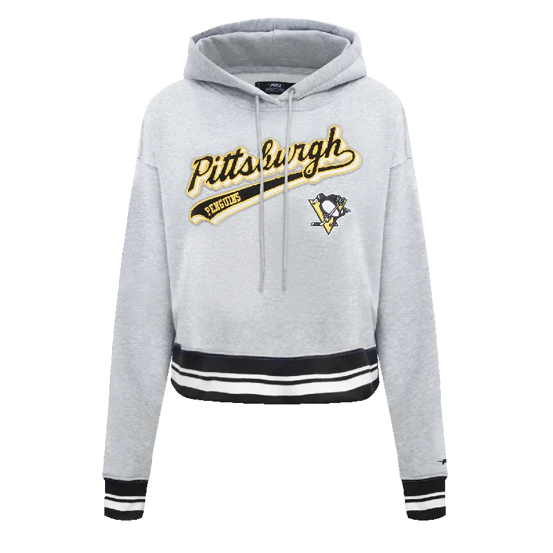 NHL PITTSBURGH PENGUINS SCRIPT TAIL WOMEN'S RIB FLC CROPPED PO HOODIE (HEATHER GRAY/BLACK)