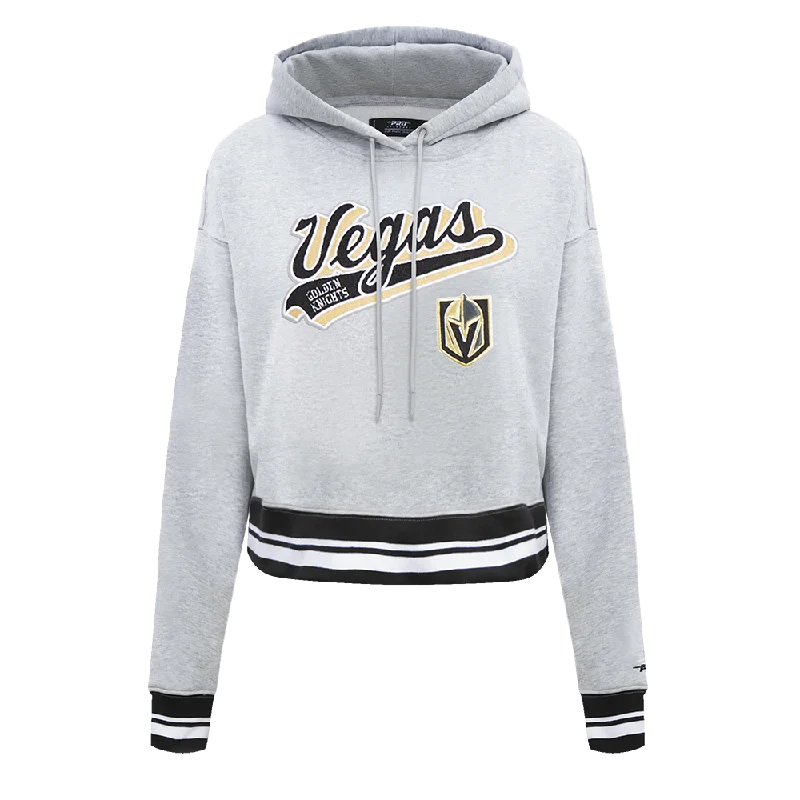 NHL VEGAS GOLDEN KNIGHTS SCRIPT TAIL WOMEN'S RIB FLC CROPPED PO HOODIE (HEATHER GRAY/BLACK)