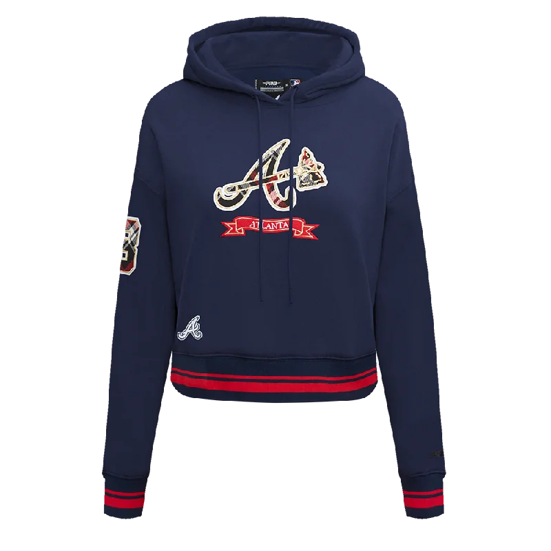 MLB ATLANTA BRAVES PRO PREP WOMEN'S RIB FLC CROPPED PO HOODIE (MIDNIGHT NAVY/RED/MIDNIGHT NAVY)