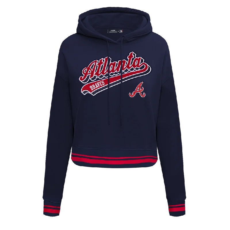 MLB ATLANTA BRAVES SCRIPT TAIL WOMEN'S RIB FLC CROPPED PO HOODIE (MIDNIGHT NAVY/RED/MIDNIGHT NAVY)