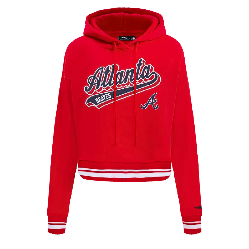 MLB ATLANTA BRAVES SCRIPT TAIL WOMEN'S RIB FLC CROPPED PO HOODIE (RED)