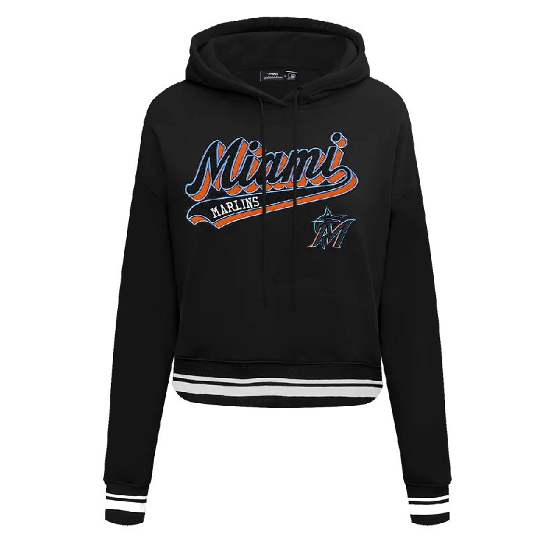 MLB MIAMI MARLINS SCRIPT TAIL WOMEN'S RIB FLC CROPPED PO HOODIE (BLACK)