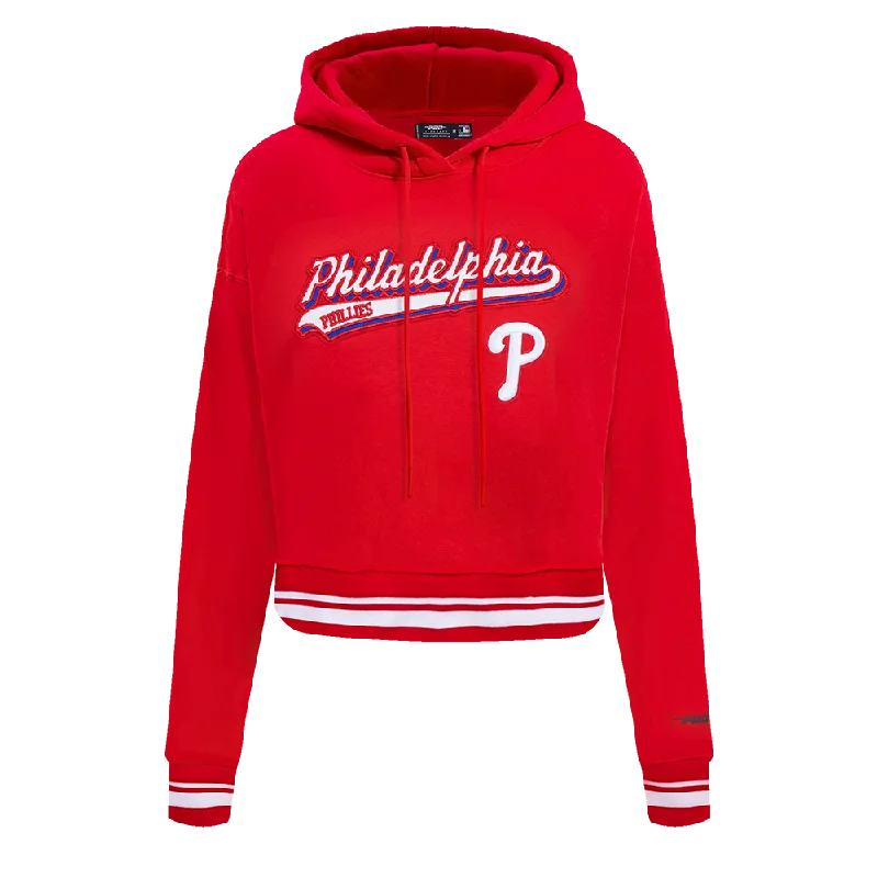 MLB PHILADELPHIA PHILLIES SCRIPT TAIL WOMEN'S RIB FLC CROPPED PO HOODIE (RED)