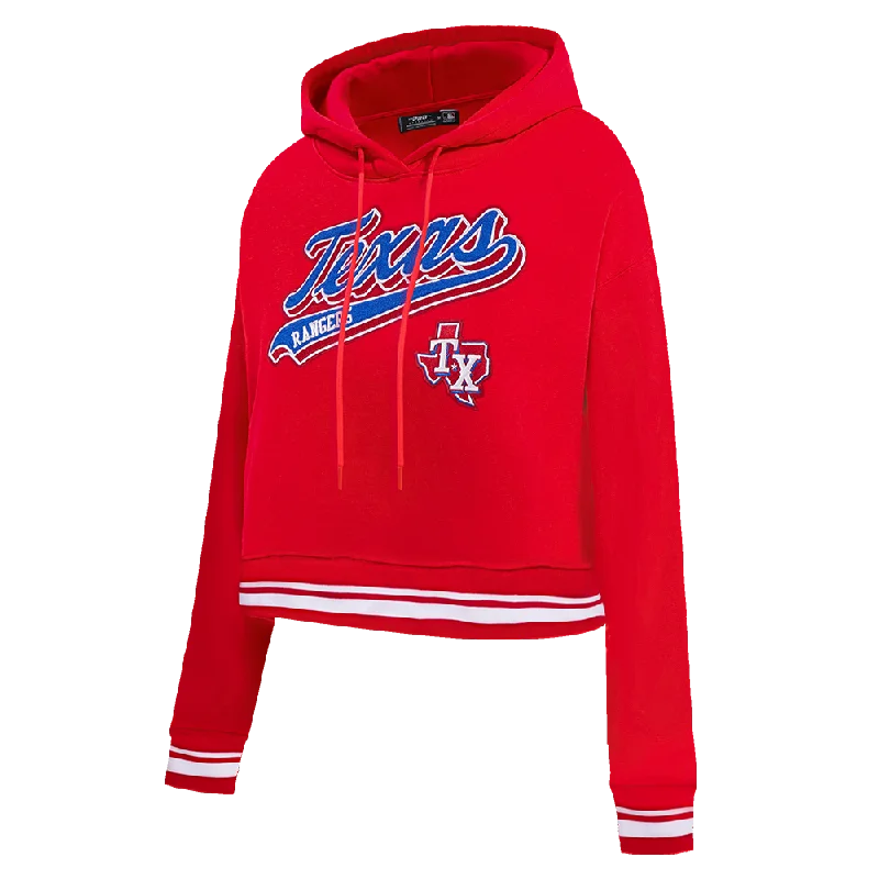 MLB TEXAS RANGERS SCRIPT TAIL WOMEN'S RIB FLC CROPPED PO HOODIE (RED)