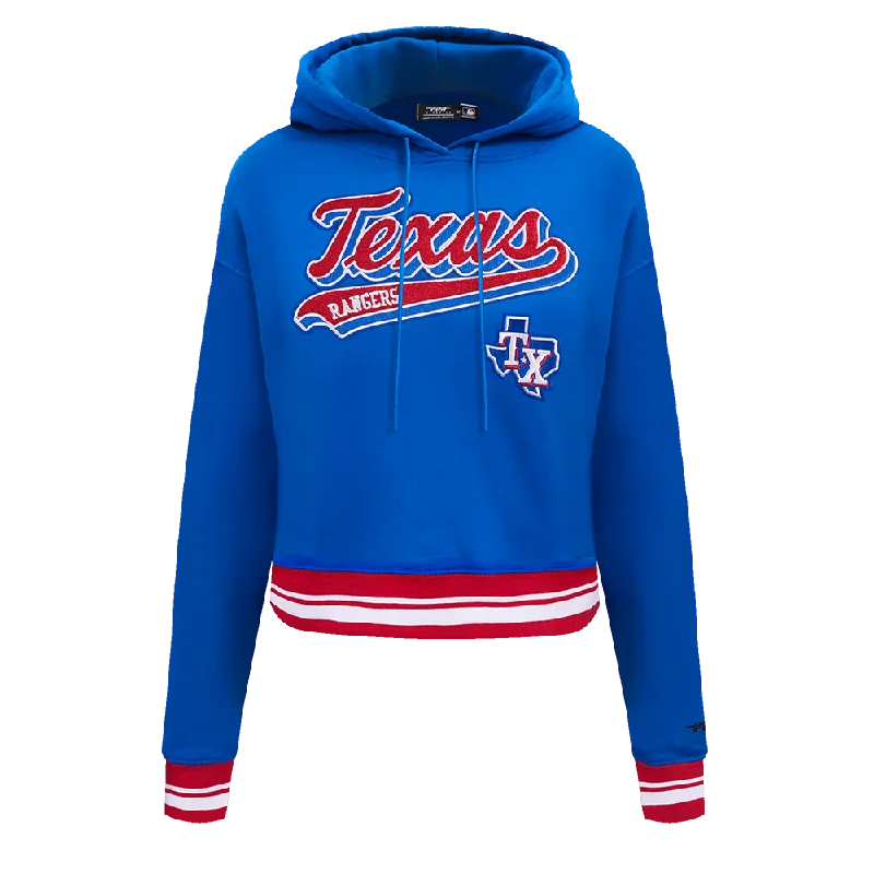 MLB TEXAS RANGERS SCRIPT TAIL WOMEN'S RIB FLC CROPPED PO HOODIE (ROYAL BLUE/RED)