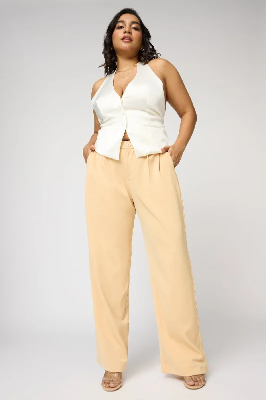 Maple Beige Curve Pleated Straight Korean Pants