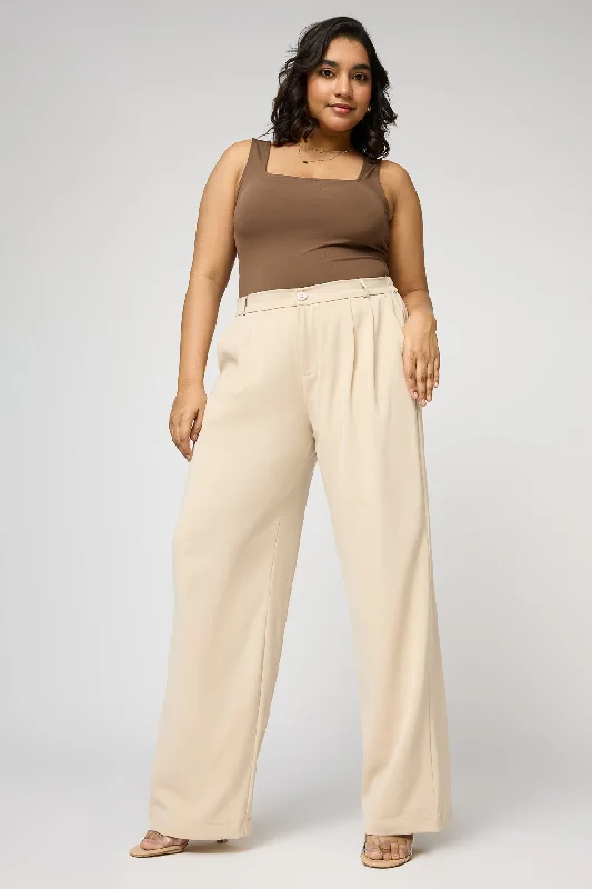 Soft Ivory Curve Pleated Straight Korean Pants