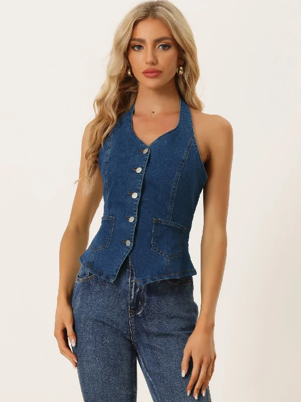 Denim Vest Halter Neck Button Down Backless Jean Waistcoat