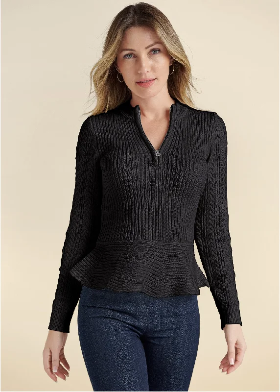 Half Zip Peplum Sweater - Black