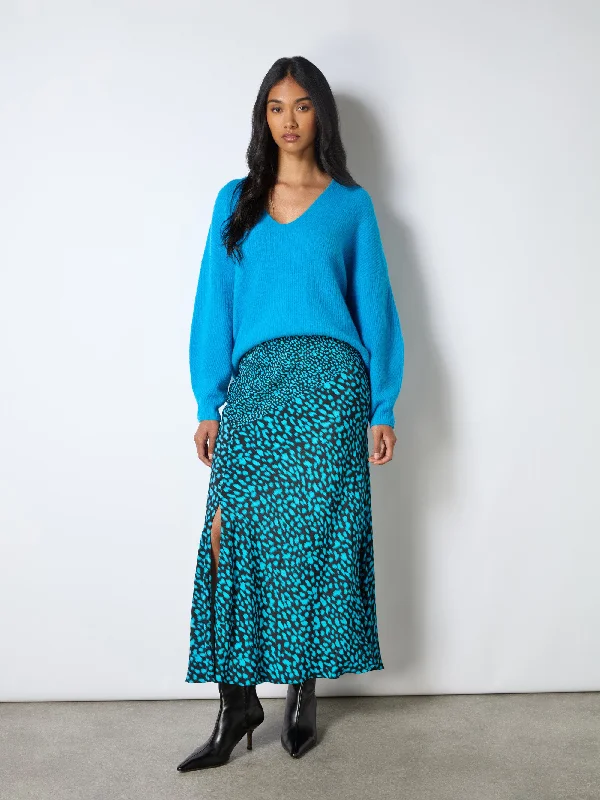 Blue Dash Print Contrast Panel Skirt