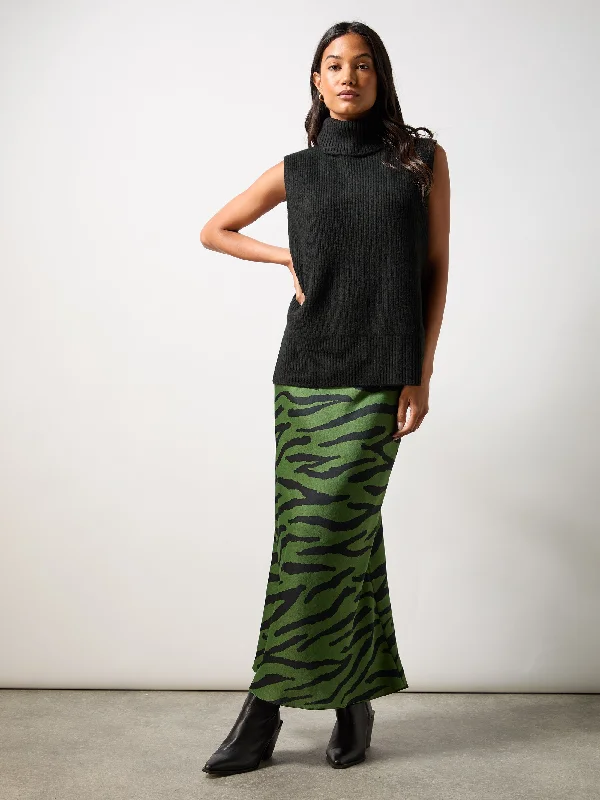 Green Zebra Print Bias Cut Maxi Skirt