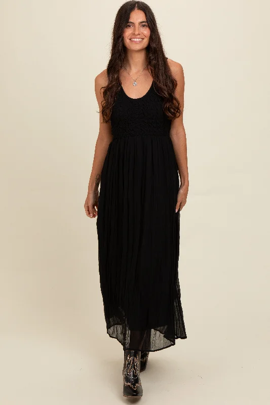 Black Textured Smocked Bodice Sleeveless Maxi Dress