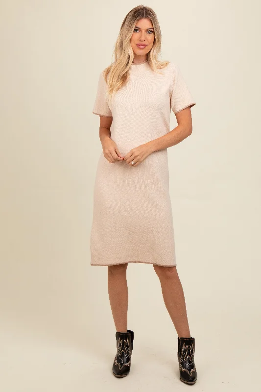 Cream Mock Neck Knit Short Sleeve Sweater Dress