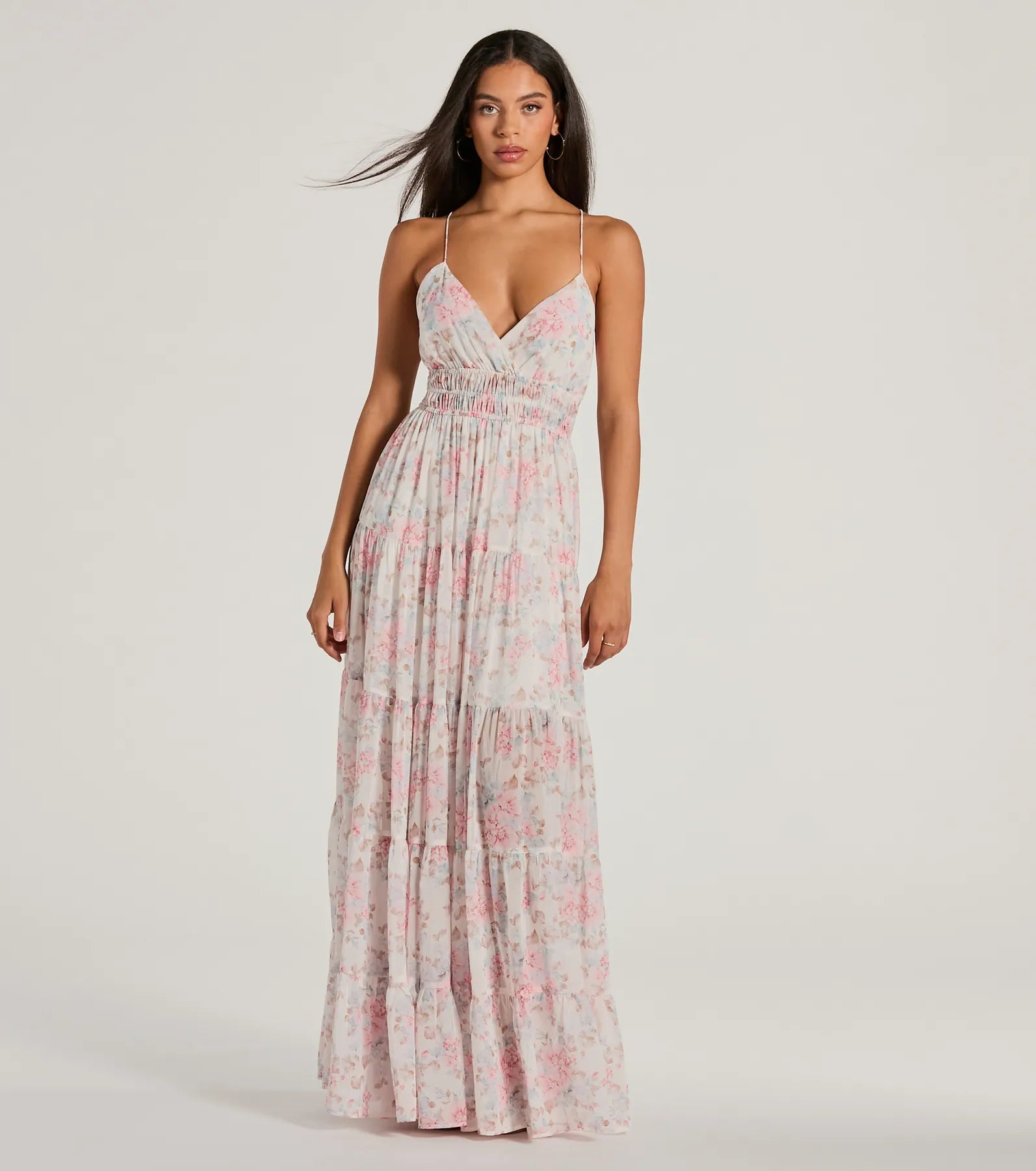 Exceptional Bliss Lace-Up Floral Chiffon Maxi Dress