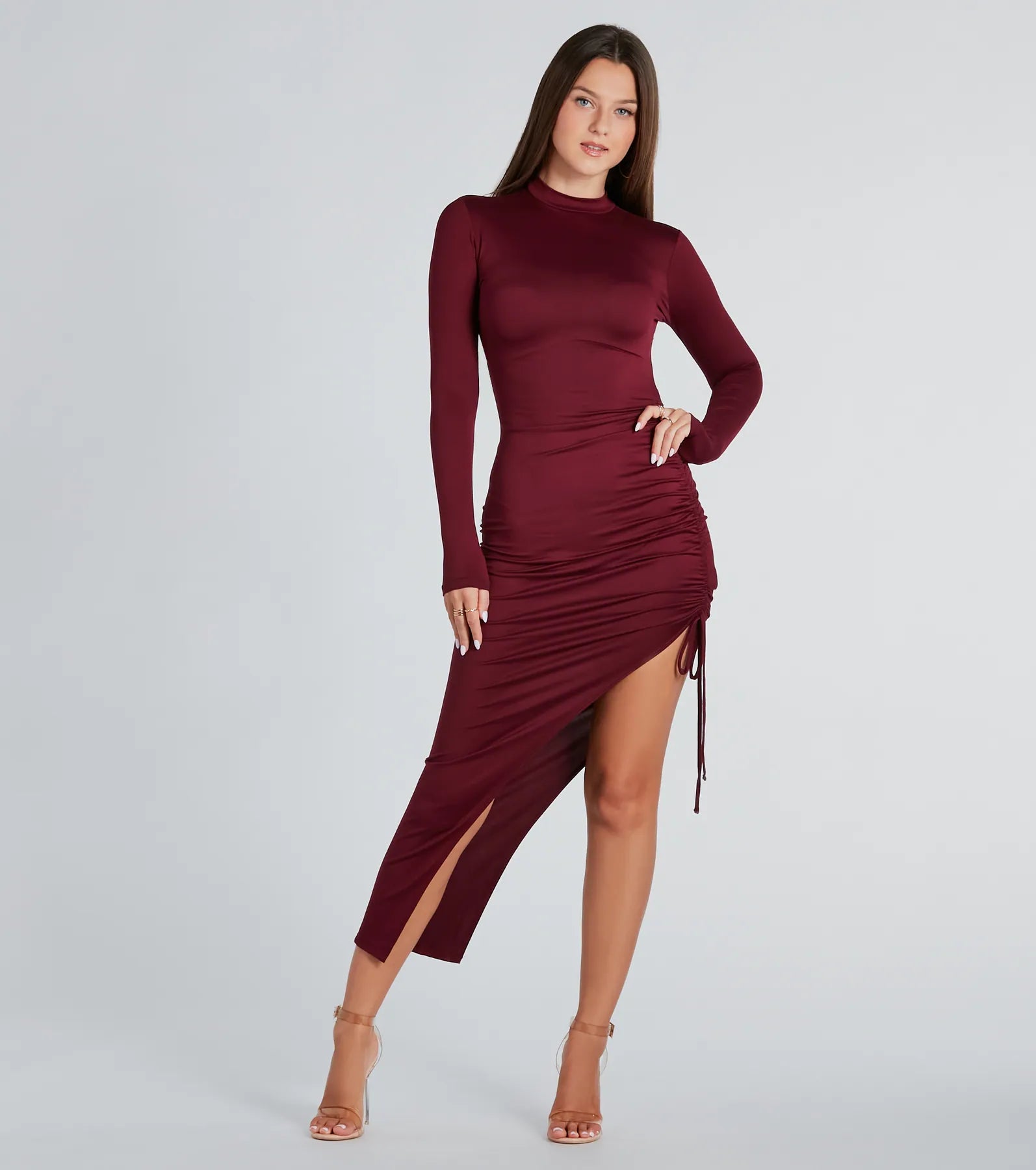 In The Lineup Mock Neck High Slit Midi Dress