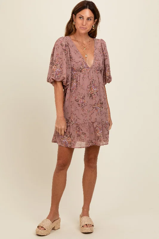 Mauve Deep V-Neck Tie Back Floral Mini Dress