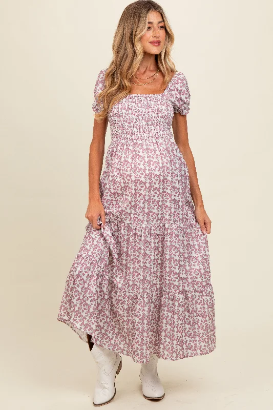 Mauve Floral Puff Sleeve Smocked Maternity Maxi Dress