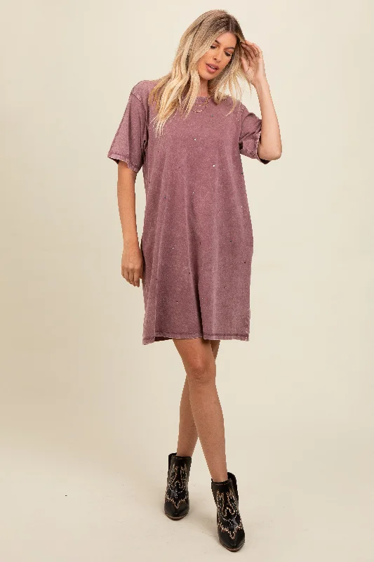 Mauve Rhinestone Mineral Washed T-Shirt Dress