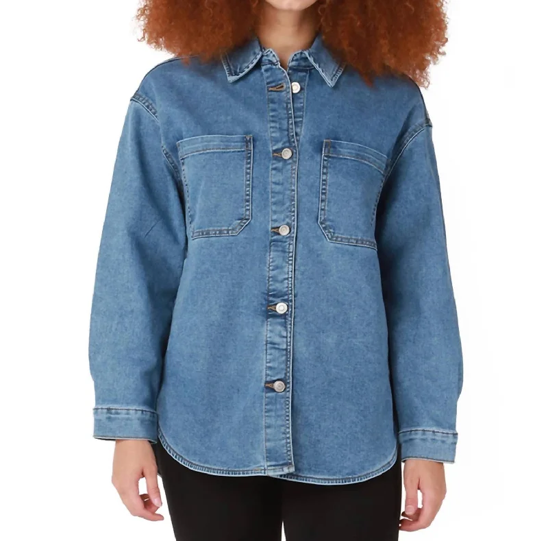 F22 Rounded Hem Denim Shacket In Medium Blue