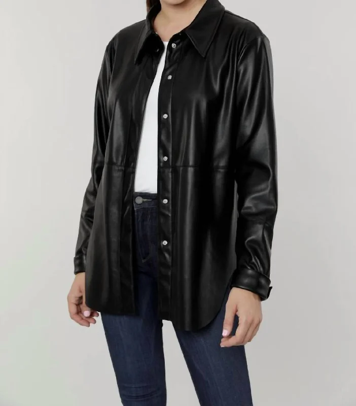 Vegan Leather Button-Down Shirt Shacket In Black